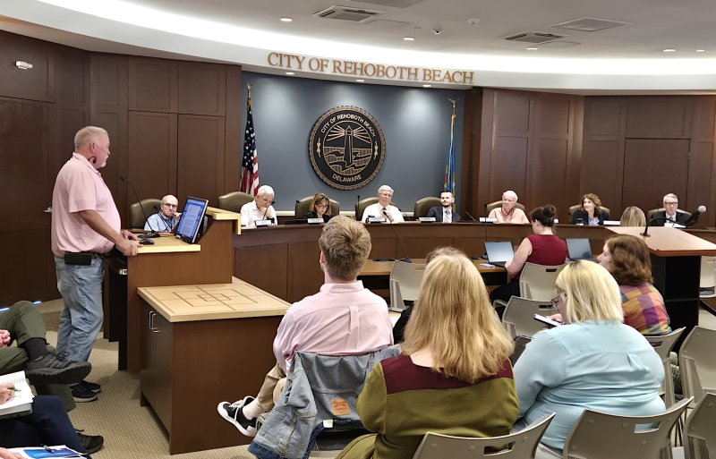 Rehoboth Beach held its fourth budget meeting March 9 for Fiscal Year 2027, which begins April 1. Part of the discussion included community grant requests. Shown is Rehoboth Beach Volunteer Fire Company President Mike Simpler making his presentation to commissioners. CHRIS FLOOD PHOTO